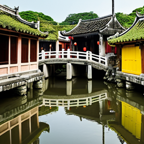 **

Hoi An ancient town, Vietnam. Focus on the well-preserved ancient houses with moss-covered roofs, showcasing the blend of Vietnamese, Chinese, and Japanese architecture. Include the iconic Japanese Covered Bridge (Chua Cau) in the background.

**