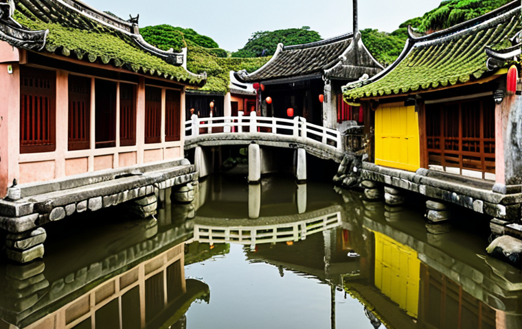 **

Hoi An ancient town, Vietnam. Focus on the well-preserved ancient houses with moss-covered roofs, showcasing the blend of Vietnamese, Chinese, and Japanese architecture. Include the iconic Japanese Covered Bridge (Chua Cau) in the background.

**