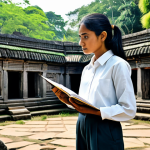 **Prompt 1: Academic Research at Ancient Ruins**
    A professional female historian in a modest, practical long-sleeved shirt and trousers, holding a notebook and pen, meticulously observing ancient Champa temple ruins at My Son Sanctuary. The scene is bathed in soft daylight, highlighting the intricate stone carvings and overgrown foliage. She stands respectfully, her expression thoughtful and focused. Perfect anatomy, correct proportions, natural pose, well-formed hands, proper finger count. Professional photography, high detail, natural lighting, safe for work, appropriate content, fully clothed, modest attire.